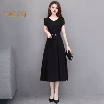 Летнее женское платье с круглым вырезом и короткими рукавами, тонкая талия, большие размеры, чистый цвет, облегающее платье длиной до середины икры, OL, повседневное платье миди L чёрный