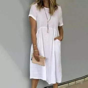 Летнее женское платье с круглым вырезом и короткими рукавами длиной до колена, однотонное, тонкое, свободное, больших размеров, повседневное трапециевидное повседневное школьное платье миди 3XL трава зеленый