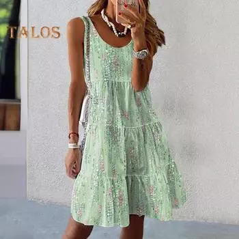 Летнее женское платье с круглым вырезом, свободное платье без рукавов с блестками, большие качели трапециевидной формы в стиле пэчворк, плиссированные длиной до колена, пляжное платье миди для отдыха, клубная коктейльная вечеринка S зелёный