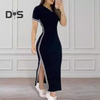 Летнее женское платье с круглым вырезом и боковым разрезом, облегающее однотонное однотонное платье с короткими рукавами в полоску, узкое до щиколотки, повседневное платье макси для поездок на работу L чёрный