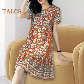 Летнее женское платье с круглым вырезом и половиной рукавов в стиле ретро с принтом трапециевидной формы с большим подолом длиной до колена, свободное повседневное повседневное платье миди для отдыха L темно-синий