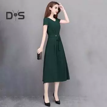 Летнее женское платье с круглым вырезом и короткими рукавами, тонкая талия, большие размеры, чистый цвет, облегающее платье длиной до середины икры, OL, повседневное платье миди XL зелёный