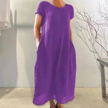 Летнее женское платье с круглым вырезом, винтажное, с короткими рукавами, однотонное, трапециевидное, со свободным подолом и боковыми карманами, повседневное, повседневное, платье макси 2XL фиолетовый