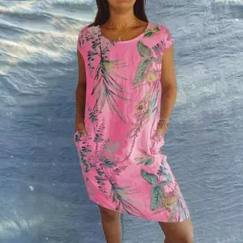 Летнее женское платье с круглым вырезом в стиле ретро с цветочным принтом и боковыми карманами, свободное платье длиной выше колена, свободный пуловер, повседневное мини-платье для покупок L жёлтый