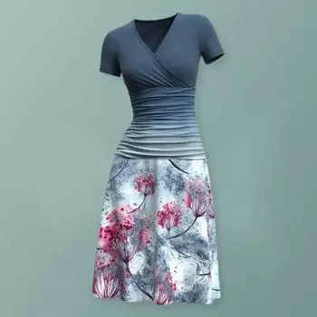 Летнее женское платье с круглым вырезом, короткими рукавами и V-образным вырезом, плиссированное, с узкой талией, тонким лоскутным одеялом XL