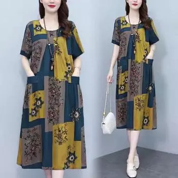 Летнее женское платье с круглым вырезом и карманами с цветочным принтом, свободное трапециевидное платье длиной до колена с короткими рукавами, плиссированное платье миди для поездок на работу и отдыха 2XL синий