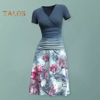 Летнее женское платье с круглым вырезом, короткими рукавами и V-образным вырезом, плиссированное, с узкой талией, тонкое лоскутное платье Vinatge с 3D цветочным принтом, трапециевидное платье трапециевидной формы для поездок на работу, Dialy Midi Dress XL