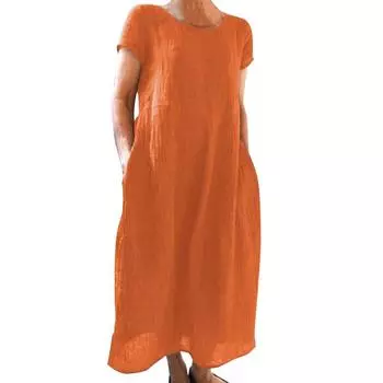 Летнее женское платье с круглым вырезом, винтажное, с короткими рукавами, однотонное, трапециевидное, со свободным подолом и боковыми карманами, повседневное, повседневное, платье макси S темно-серого