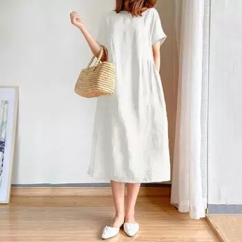 Летнее женское платье с круглым вырезом и короткими рукавами, однотонное трапециевидное платье с большим подолом, свободный пуловер, повседневная одежда, платье миди, длинное платье для свиданий и поездок на работу XL оранжевый