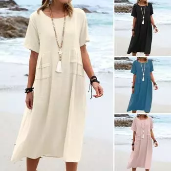 Летнее женское платье с круглым вырезом и короткими рукавами до середины икры, сплошной цвет, тонкий свободный пуловер трапециевидной формы, повседневное повседневное школьное платье миди M синий