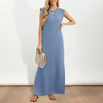 Летнее женское платье с круглым вырезом А-силуэта без рукавов свободная талия чистый цвет длина до щиколотки длина OL Commute L зелёный