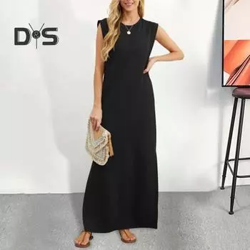 Летнее женское платье с круглым вырезом, трапециевидной формы, без рукавов, со свободной талией, однотонное, до щиколотки, длиной, OL, повседневное платье макси M чёрный