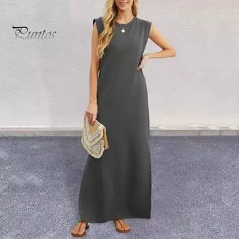 Летнее женское платье с круглым вырезом, трапециевидной формы, без рукавов, со свободной талией, однотонное, до щиколотки, длиной, OL, повседневное платье макси M синий