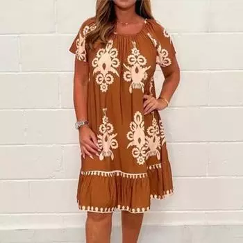 Летнее женское платье с круглым вырезом, плиссированное, с этническим винтажным принтом, свободное с короткими рукавами, свободное трапециевидное платье длиной до колена, повседневное повседневное платье миди L