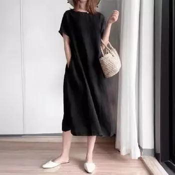 Летнее женское платье с круглым вырезом и короткими рукавами, однотонное трапециевидное платье с большим подолом, свободный пуловер, повседневная одежда, платье миди, длинное платье для свиданий и поездок на работу XL оранжевый