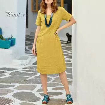 Летнее женское платье с круглым вырезом, однотонное, до колена, свободное, с короткими рукавами, с боковыми карманами, трапециевидное, мягкое, дышащее, повседневное, для поездок на работу, для свиданий, шоппинга, миди-платья XL оранжевый