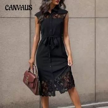 Летнее женское платье с кружевными лацканами, однотонное сексуальное платье, темпераментное элегантное платье S чёрный