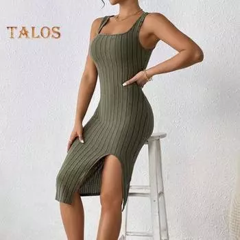 Летнее женское платье с квадратным вырезом без рукавов, обтягивающее эластичное платье-футляр с боковым разрезом, однотонное OL, дышащее клубное вечернее платье миди L серый