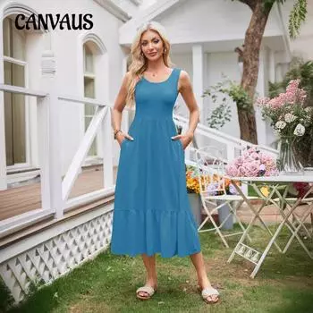 Летнее женское платье с квадратным вырезом и плиссированной кромкой, карманные платья без рукавов S чёрный