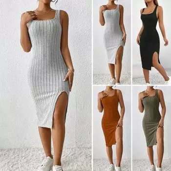 Летнее женское платье с квадратным вырезом без рукавов, обтягивающее эластичное платье-футляр с боковым разрезом, однотонное OL, дышащее клубное вечернее платье миди XL