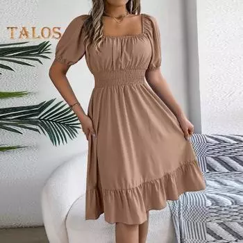 Летнее женское платье с квадратным вырезом трапециевидной формы, тонкое, с высокой талией, с короткими рукавами, плиссированное, однотонное, с рюшами, в стиле пэчворк, для свиданий, повседневное платье миди XL розы красного