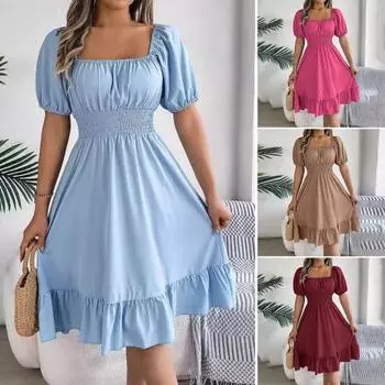 Летнее женское платье с квадратным вырезом трапециевидной формы, тонкое, с высокой талией, с короткими рукавами, плиссированное, однотонное, с рюшами, в стиле пэчворк, для свиданий, повседневное платье миди XL розы красного