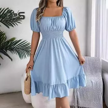 Летнее женское платье с квадратным вырезом трапециевидной формы, тонкое, с высокой талией, с короткими рукавами, плиссированное, однотонное, с рюшами, в стиле пэчворк, для свиданий, повседневное платье миди XL розы красного