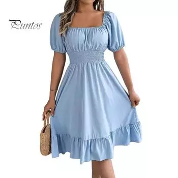 Летнее женское платье с квадратным вырезом трапециевидной формы, тонкое, с высокой талией, с короткими рукавами, плиссированное, однотонное, с рюшами, в стиле пэчворк, для свиданий, повседневное платье миди XL розы красного