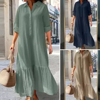 Летнее женское платье с лацканами и длинными рукавами с рюшами в стиле пэчворк, плиссированное свободное трапециевидное платье с большим подолом, полуоднобортное платье длиной до щиколотки, тонкое дышащее повседневное платье XL темно-синий