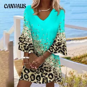Летнее женское платье с леопардовым принтом и v-образным вырезом, свободные платья в морском стиле для отпуска, цветные платья S зелёный