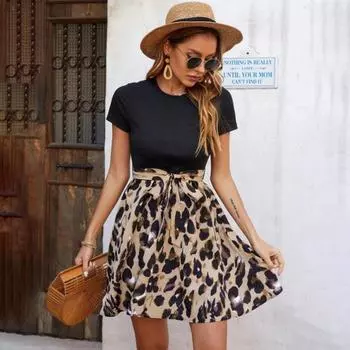 Летнее женское платье с леопардовым принтом в стиле пэчворк и бретельками S жёлтый