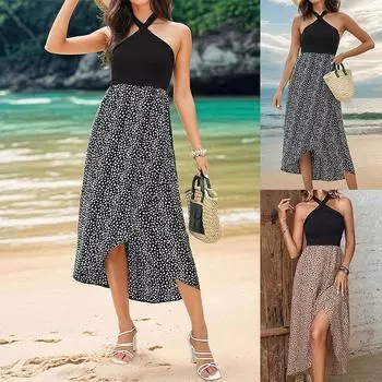 Летнее женское платье с леопардовым принтом в европейском и американском стиле с лямкой через шею и нерегулярным разрезом L хаки