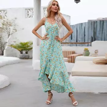 Летнее женское платье с лямкой на шее, платья с бретельками на шнуровке, пляжные платья нерегулярной формы с цветочным принтом S морская волна