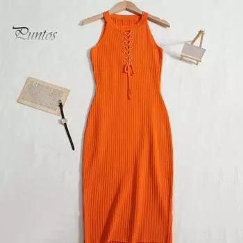 Летнее женское платье с лямкой на шее, крестом, на шнуровке, с открытыми плечами, без рукавов, вязаное, высокая эластичность, с вырезами, чистый цвет, облегающее платье для вечеринок хаки