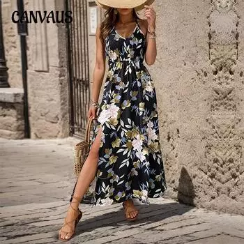 Летнее женское платье с лямкой на шее, длинная юбка трапециевидной формы с принтом, платье с лямкой на шее с разрезом S чёрный