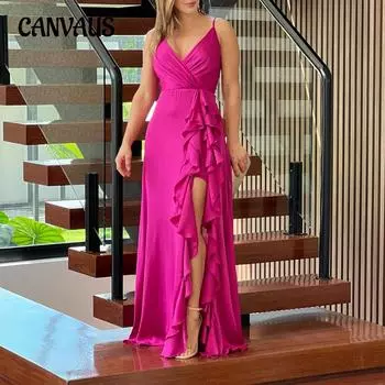 Летнее женское платье с лямкой на шее, v-образным вырезом, высокой талией, рюшами, нерегулярное платье с разрезом, длинное платье S зелёный