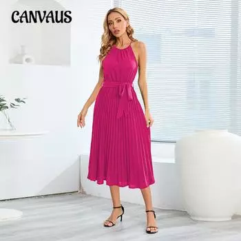 Летнее женское платье с лямкой на бретельках, однотонное сексуальное темпераментное элегантное плиссированное платье без рукавов на бретельках S чёрный