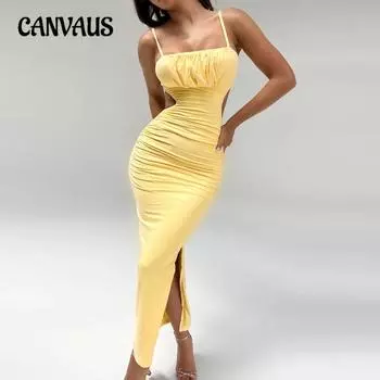Летнее женское платье с лямкой на шее, сексуальное плиссированное платье с открытой спиной, длинное платье с разрезом по бокам и бедрами XS светло-желтого