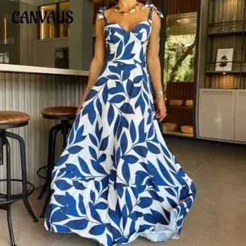 Летнее женское платье с лямкой на шее, модные темпераментные платья с высокой талией и длинными принтами S синий