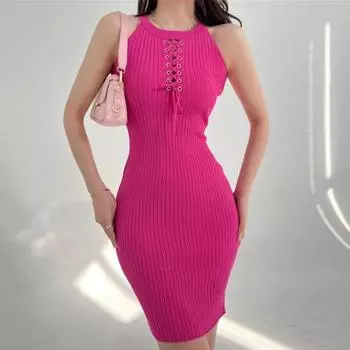Летнее женское платье с лямкой на шее, крестом, на шнуровке, с открытыми плечами, без рукавов, вязаное, высокая эластичность, с вырезами, чистый цвет, облегающее платье для вечеринок хаки