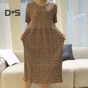 Летнее женское платье с маленьким цветочным принтом и круглым вырезом, свободное платье миди с короткими рукавами и плиссировкой до середины икры, пуловер для свиданий и покупок светло-зеленый