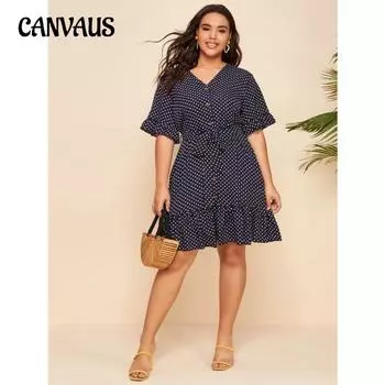 Летнее женское платье с модным принтом в горошек, большие размеры, платья с короткими рукавами и поясом L темно-синий