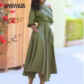 Летнее женское платье с наклоном плеча, шеи и завязкой на талии, однотонные свободные платья S зелёный