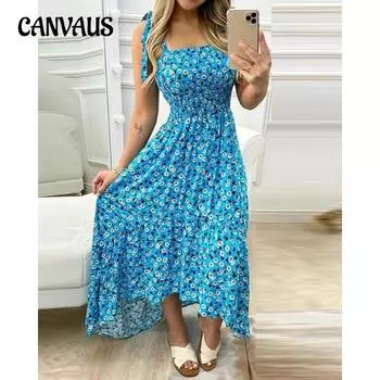 Летнее женское платье с нерегулярной грудью и принтом на подтяжках S розовый