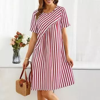 Летнее женское платье с нерегулярными полосатыми рукавами и принтом, трапециевидным вырезом и круглым вырезом, короткий свободный подол в тон, соответствующий цвету M красный