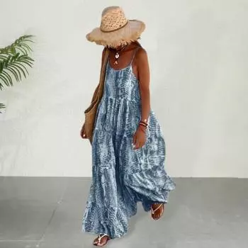 Летнее женское платье с низким вырезом, без рукавов, с открытой спиной, в стиле пэчворк, свободный лоскутный подол, пляжное макси для отдыха L небесно-голубой