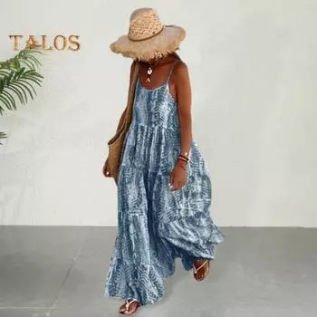 Летнее женское платье с низким вырезом без рукавов и открытой спиной, лоскутное платье с принтом тай-дай, свободный лоскутный подол, пляжное платье макси для отпуска, платье с ремешками, богемный сарафан L небесно-голубой