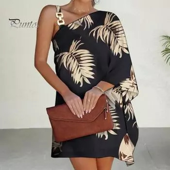 Летнее женское платье с одним рукавом «летучая мышь» с открытыми плечами, нерегулярный принт, наклонный вырез, свободная цепочка, декор, пляжное мини-платье для отпуска L белый