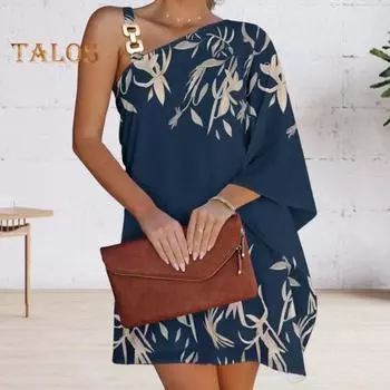 Летнее женское платье с одним рукавом «летучая мышь» с открытыми плечами, нерегулярный принт, наклонный вырез, свободная цепочка, декор, пляжное мини-платье для отпуска L белый