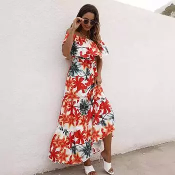 Летнее женское платье с одним вырезом и оборками S